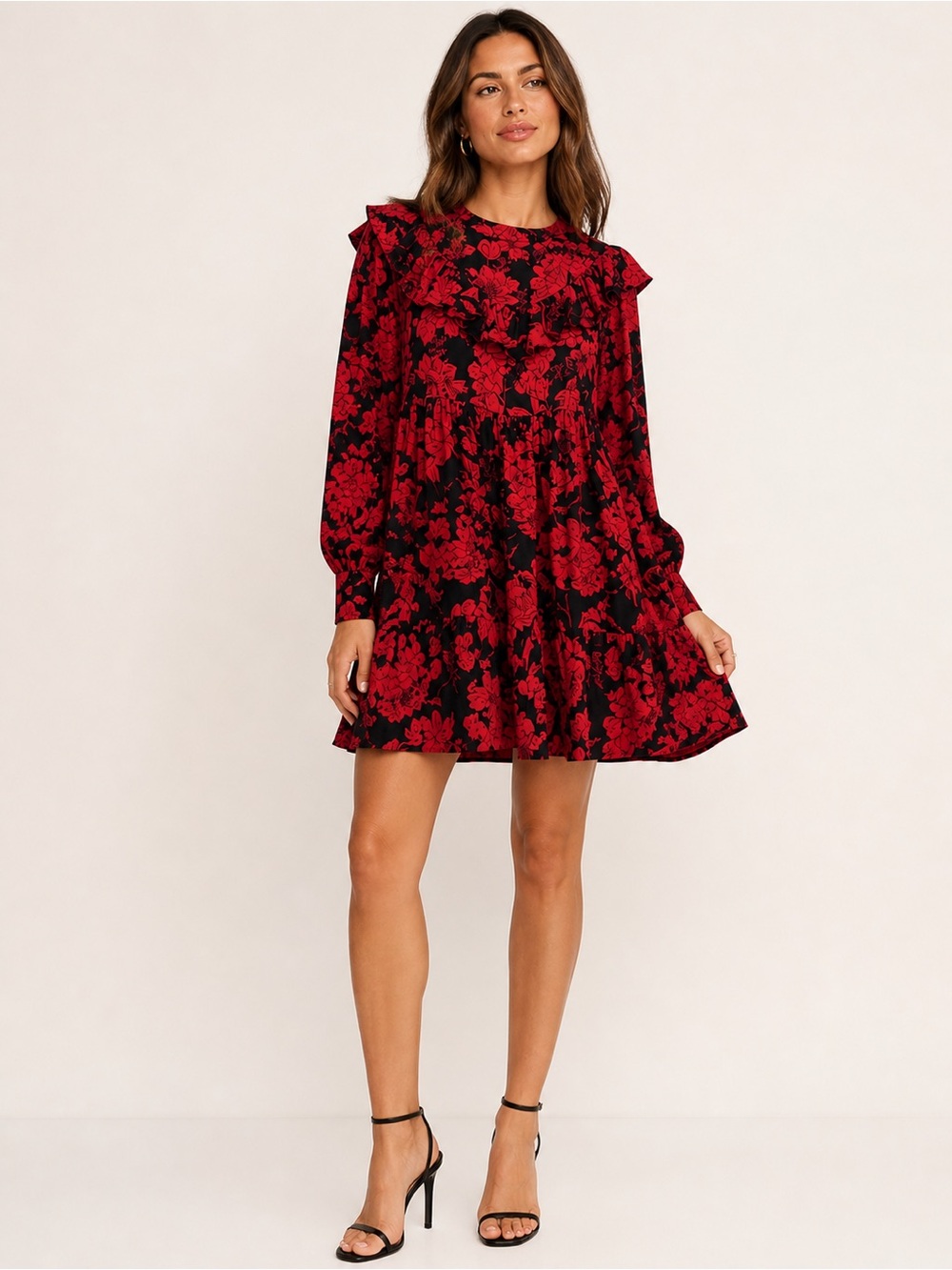 Rebecca Minkoff Red & Black Floral Ruffle Mini Dress • Flowy A-Line • Small